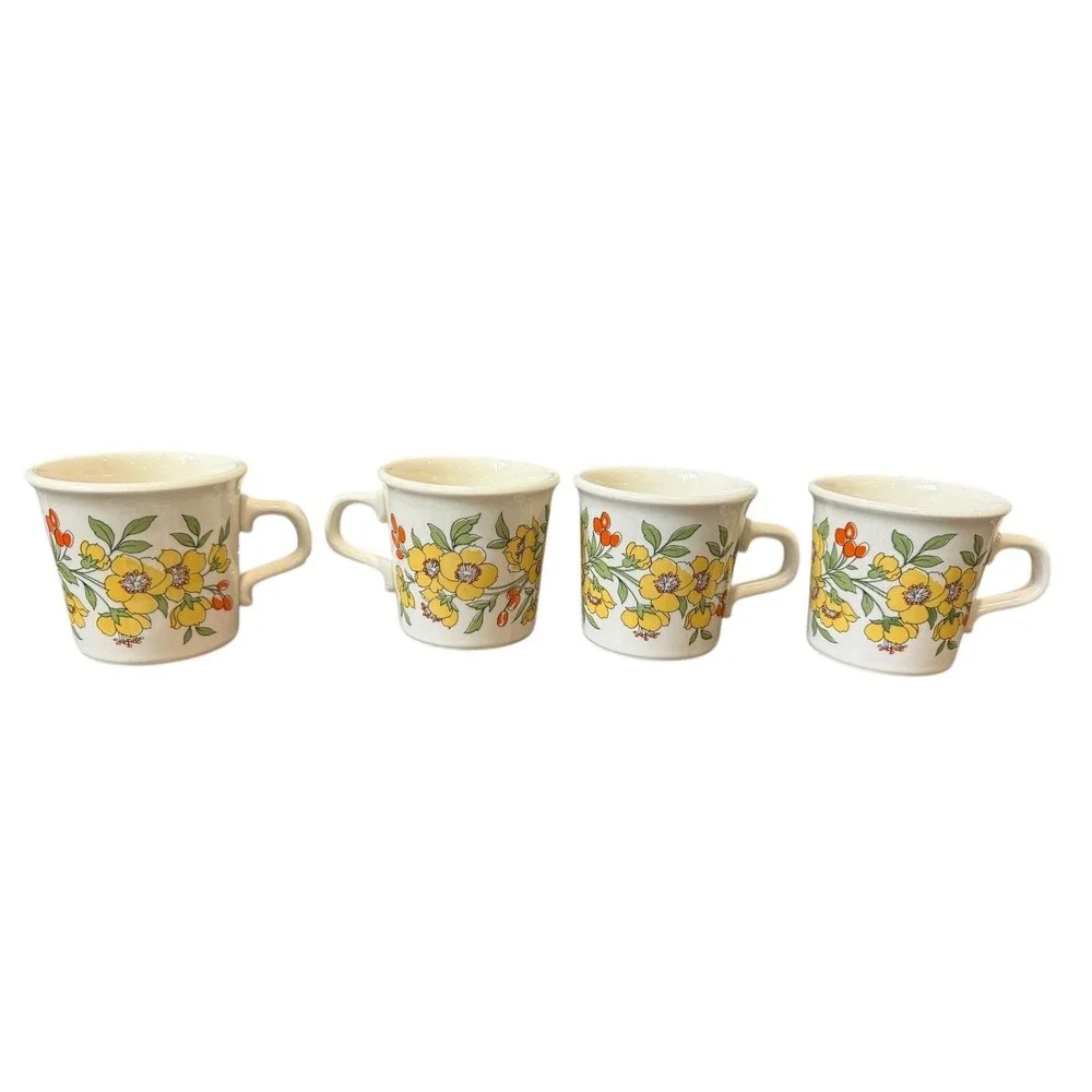Vintage 70s Floral Mugs Taylor USA Set‎ 4 Yellow Orange Boho Retro Cups